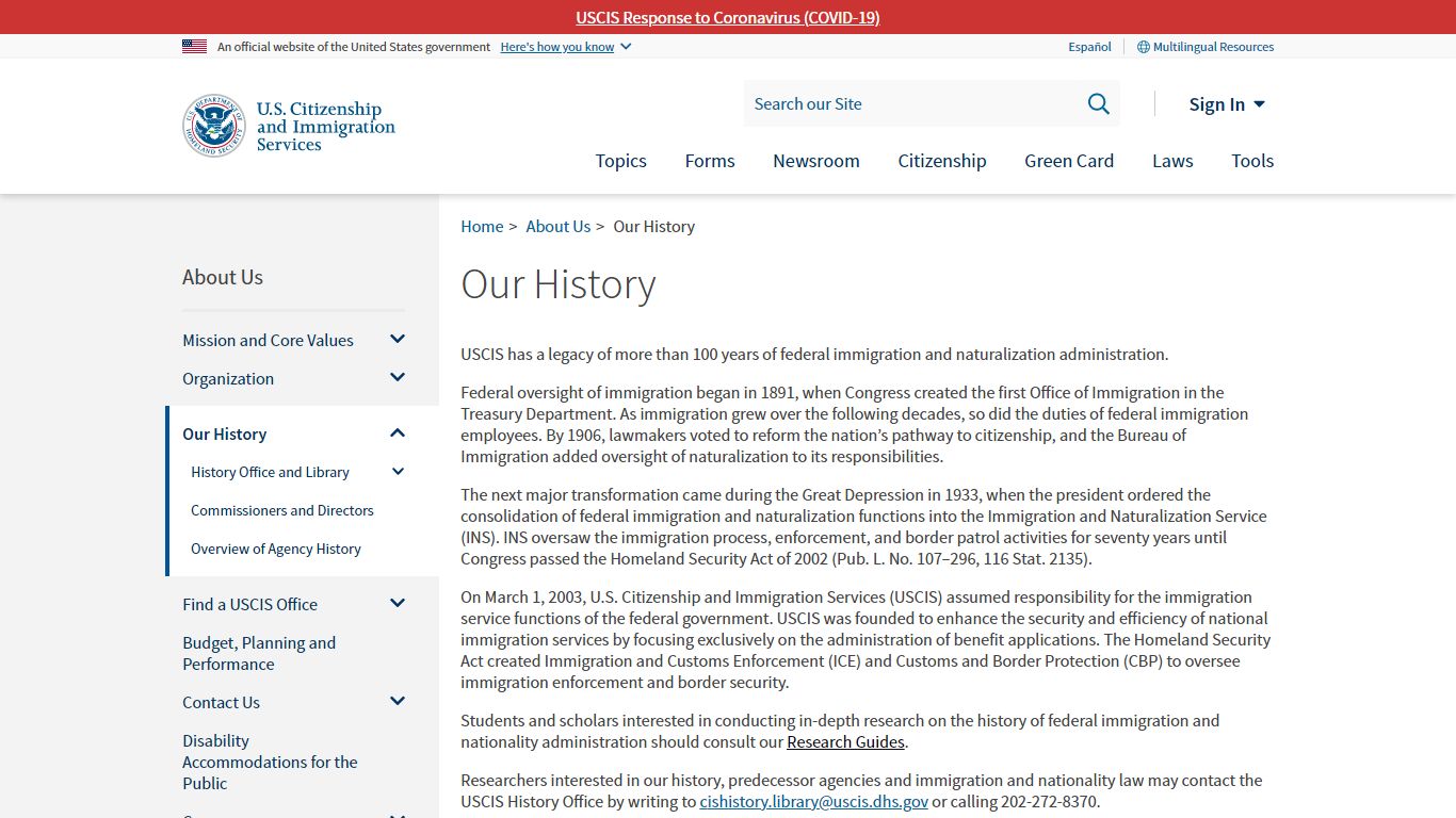 Our History | USCIS